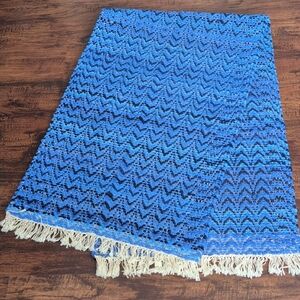Blue Chevron Woven Flatweave Tasseled Fringed Floor Runner Rug Boho Farmhouse